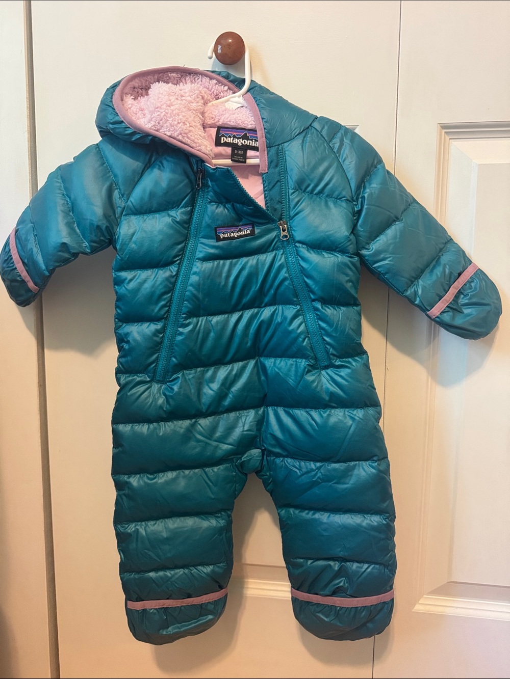 Patagonia Teal and Light Pink Infant Puffer Snowsuit